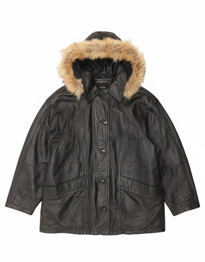 MARCO BALDASSARI Womens Hooded Leather Coat UK 14 Large  Black