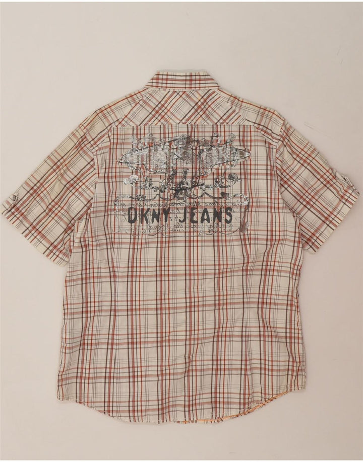 DKNY Mens Short Sleeve Graphic Shirt Large Off White Check Cotton Vintage Dkny and Second-Hand Dkny from Messina Hembry 