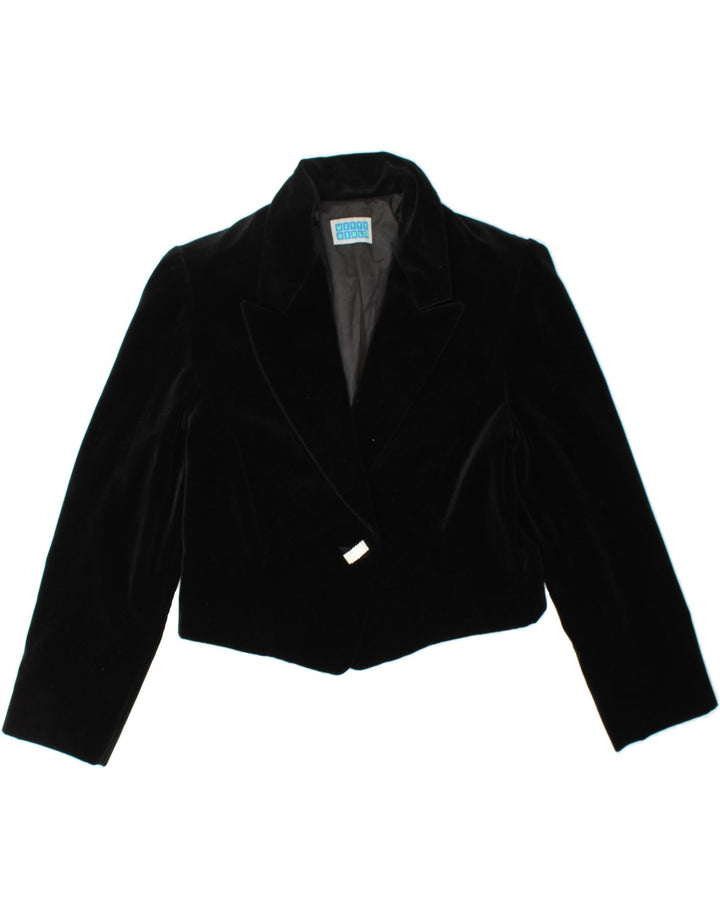 VINTAGE Womens Crop 1 Button Blazer Jacket UK 12 Medium Black Cotton Vintage Vintage and Second-Hand Vintage from Messina Hembry 