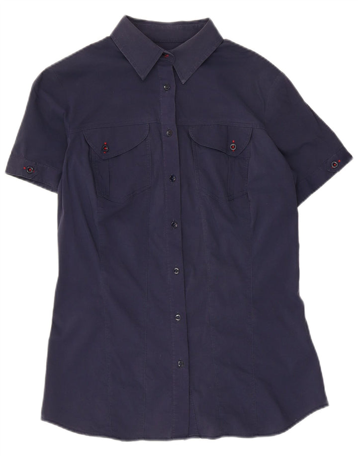 TRUSSARDI JEANS Женская рубашка с коротким рукавом UK 12, средний темно-синий хлопок