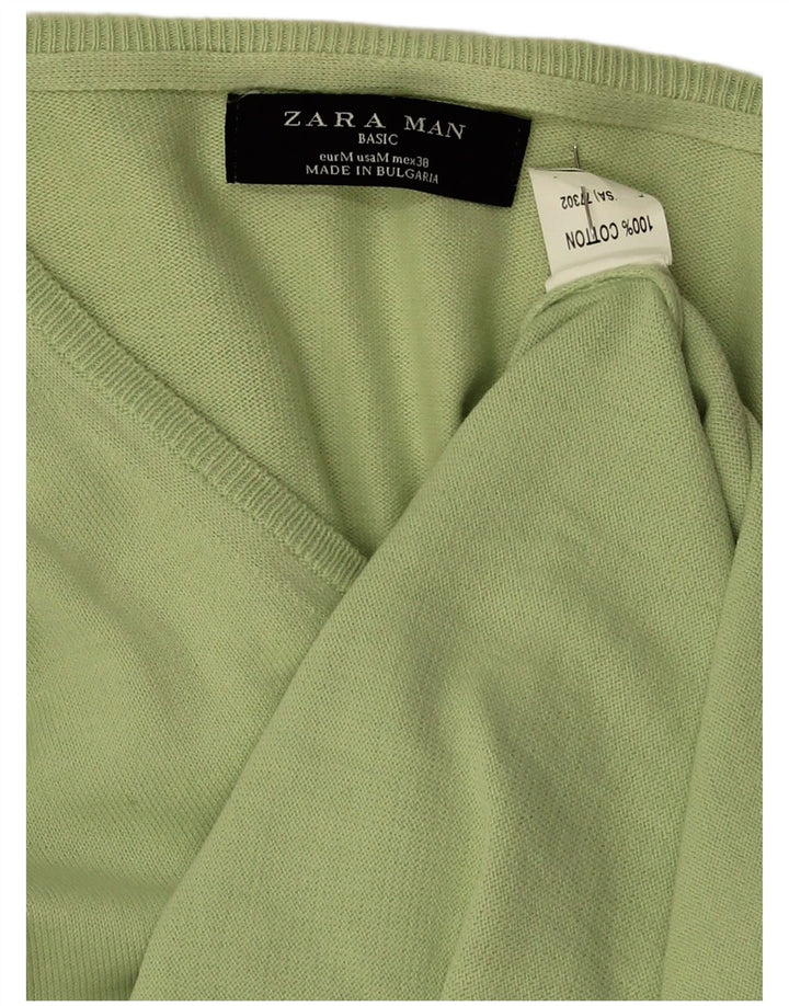Мужской джемпер с v-образным вырезом Zara, хлопковый свитер среднего зеленого цвета