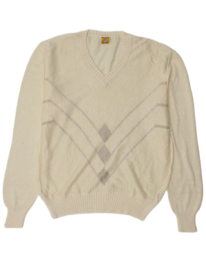CUTTY SARK Mens V-Neck Jumper Sweater Large Off White Argyle/Diamond Linen