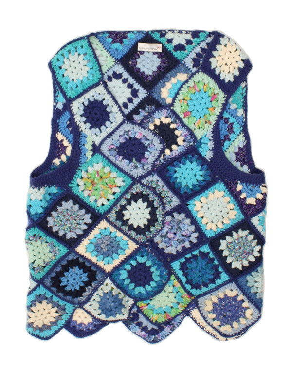 VINTAGE Womens Sleeveless Cardigan Sweater UK 16 Large Blue Patchwork