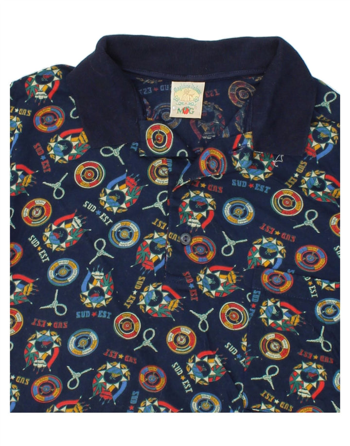VINTAGE Mens Abstract Pattern Polo Shirt Large Navy Blue Cotton Vintage Vintage and Second-Hand Vintage from Messina Hembry 