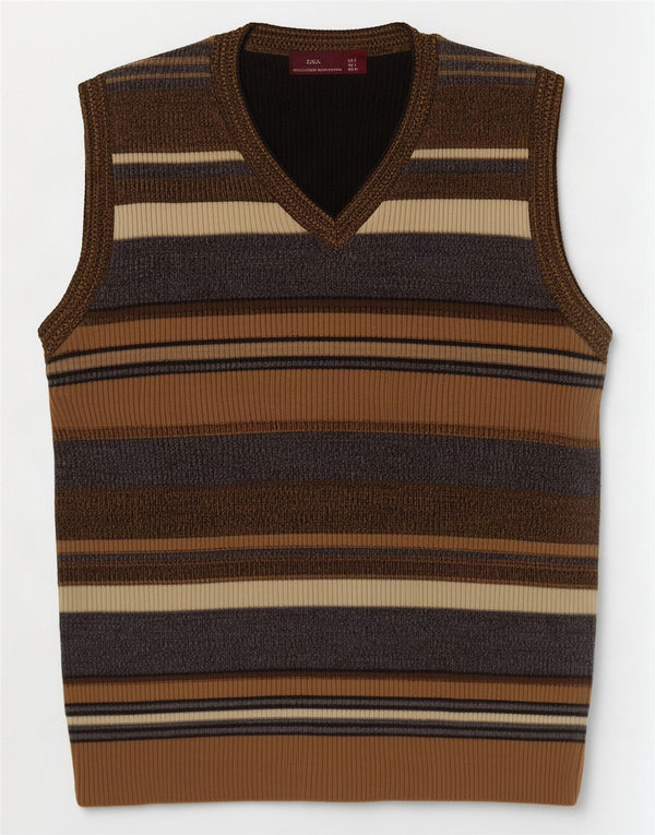 Zara Mens Vest Tank Top Large Brown Striped Acrylic