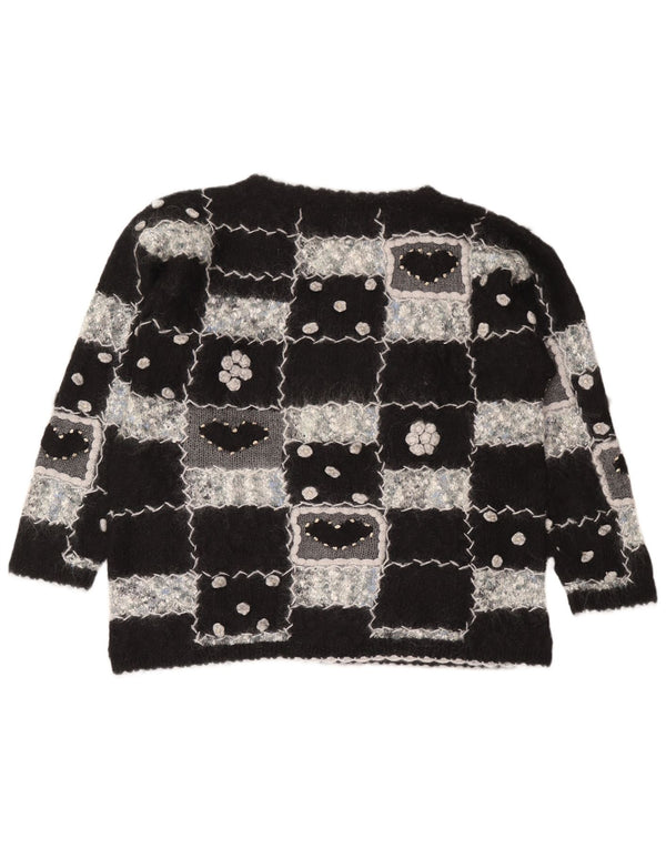 Винтажный женский джемпер с вырезом «лодочка», Великобритания, 16, большой черный мохер с геометрическим узором