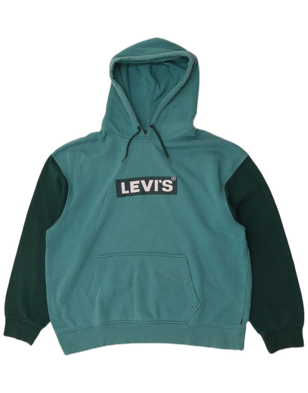 Мужской свободный джемпер с капюшоном с рисунком Levi's XL, хлопок с цветными блоками бирюзового цвета