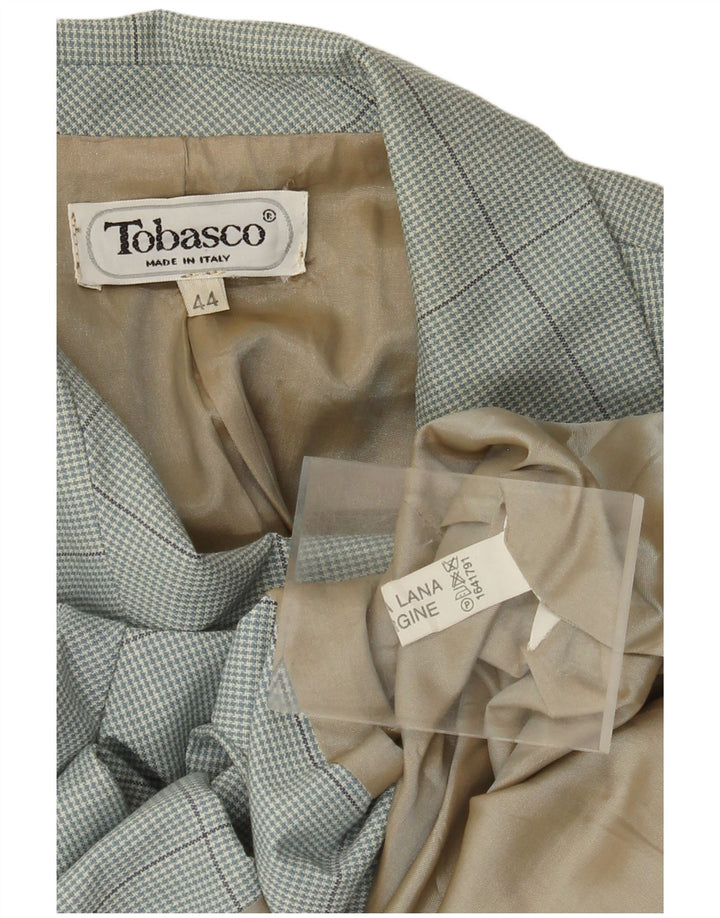 Винтажный женский пиджак на 2 пуговицах IT 44, средний синий, шерсть с узором «гусиные лапки»