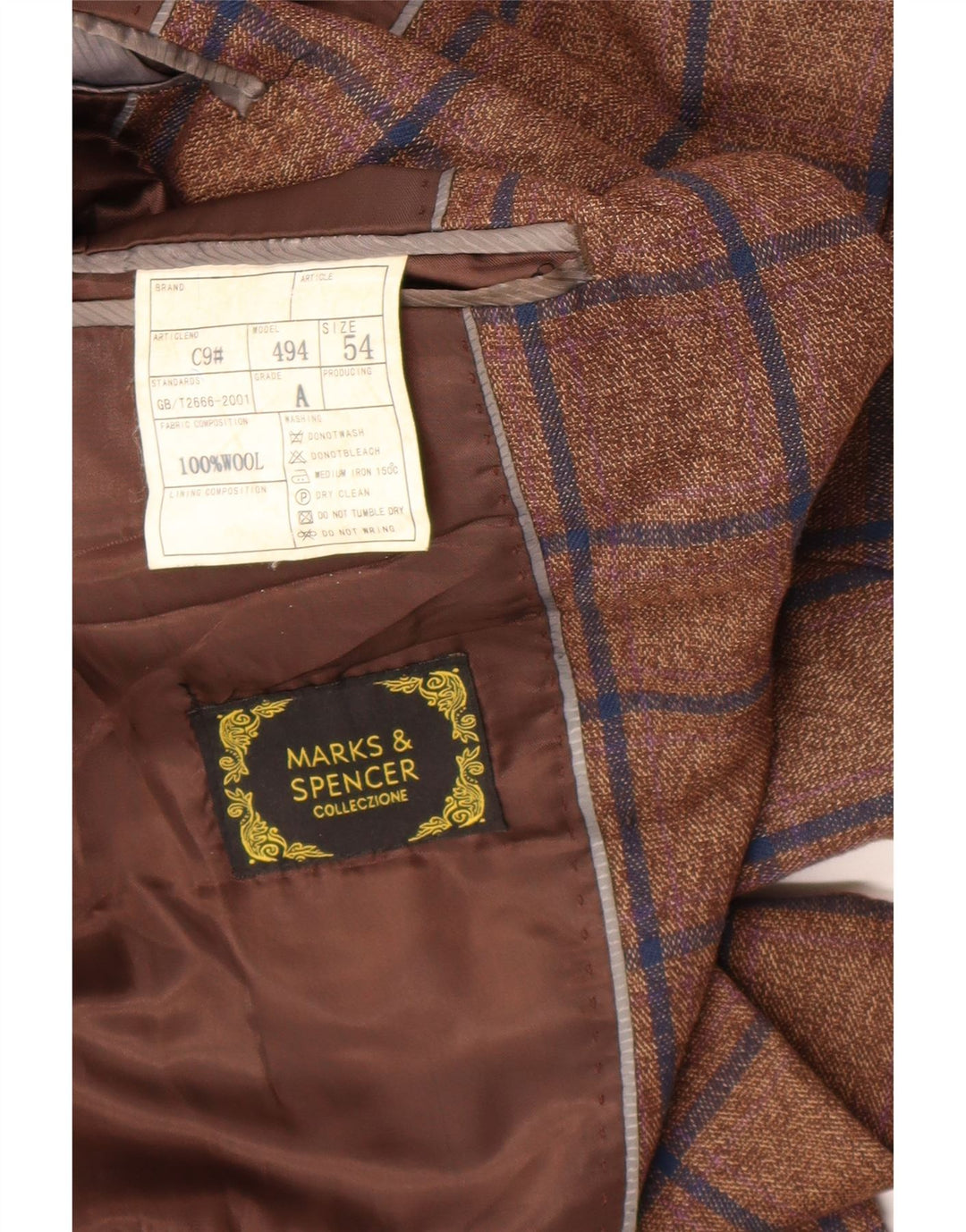 Мужской пиджак на 1 пуговице Marks & Spencer IT 54 2XL коричневый шерстяной в клетку
