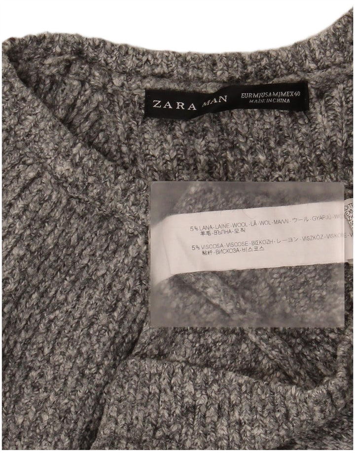 Мужской джемпер с вырезом «лодочка» Zara, средний серый шерстяной с крапинками