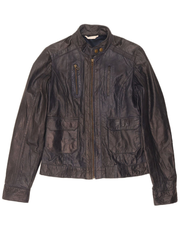 Promod Womens Leather Jacket UK 14 Medium Navy Blue