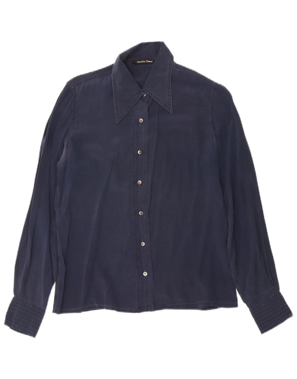 Винтажная женская блузка-рубашка IT 48 XL Темно-синяя шелковая
