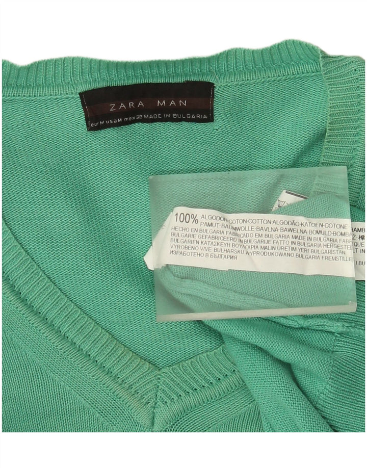 Мужской джемпер с v-образным вырезом Zara, хлопковый свитер среднего зеленого цвета