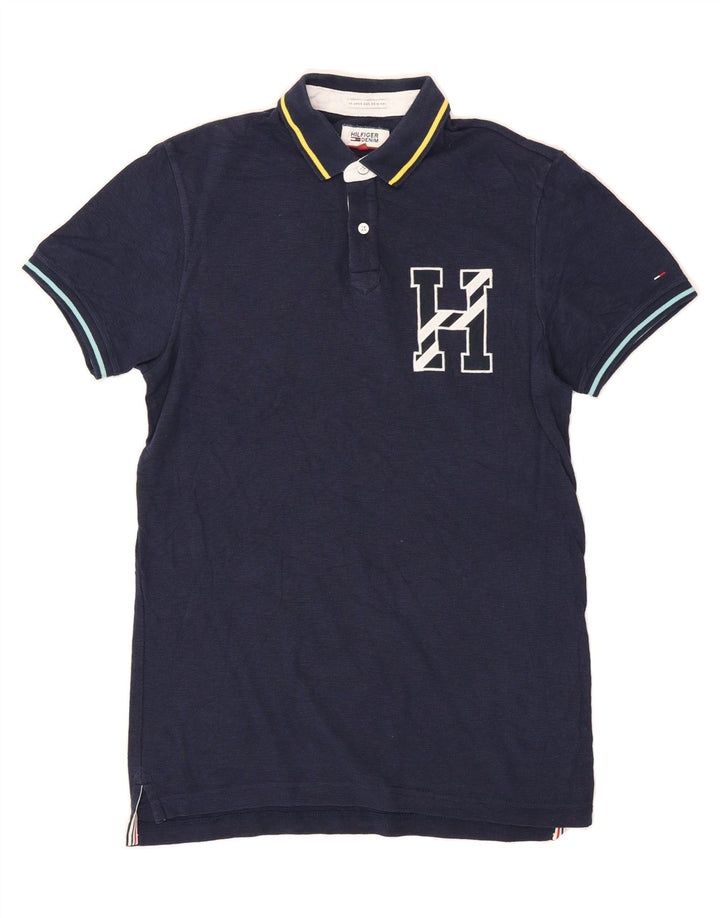 TOMMY HILFIGER Mens Graphic Polo Shirt Medium Navy Blue Vintage Tommy Hilfiger and Second-Hand Tommy Hilfiger from Messina Hembry 
