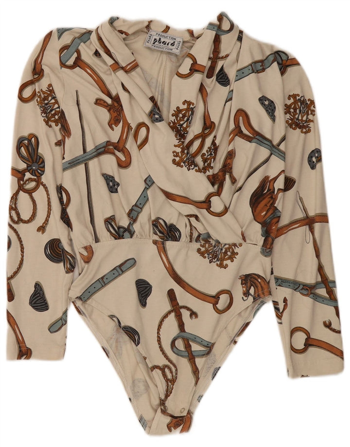 PHARD Womens Abstract Pattern Long Sleeve Bodysuit UK 12 Medium Off White