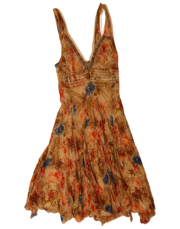 Женское асимметричное платье Extyn UK 8, маленькое, бежевое, вискоза с цветочным принтом