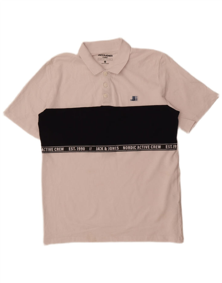 Мужская рубашка-поло с графическим рисунком Jack & Jones, хлопковая ткань среднего размера белого цвета с цветными блоками