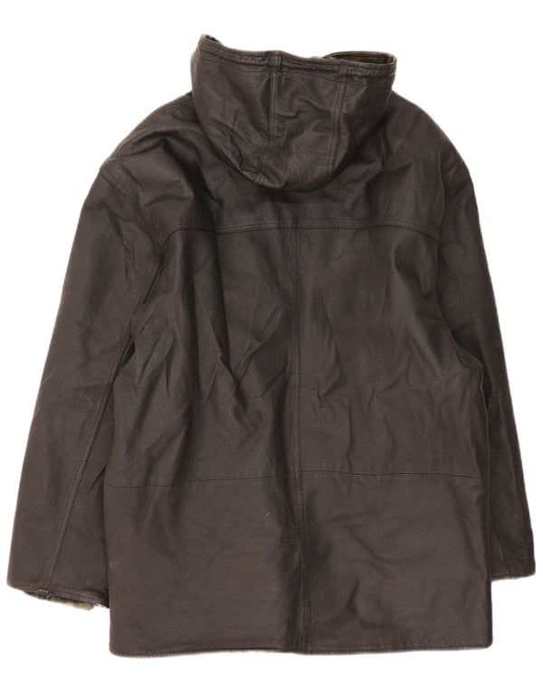 Винтажное мужское кожаное пальто с капюшоном UK 44 2XL, черное