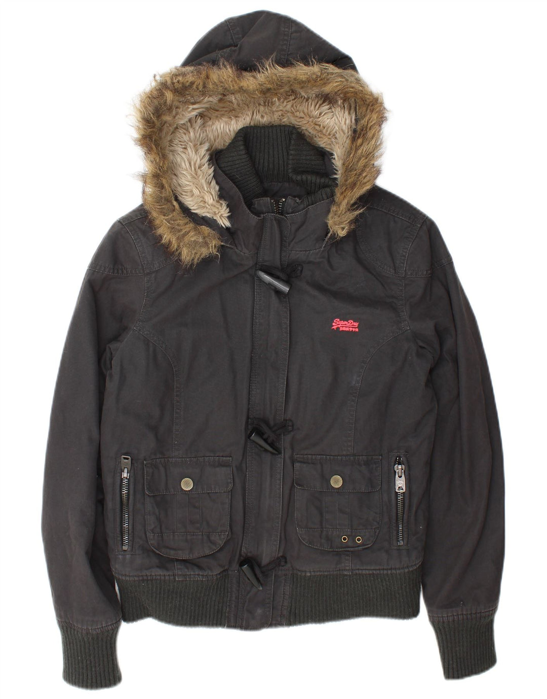 Женская куртка-бомбер с капюшоном Superdry UK 16, большой серый хлопок