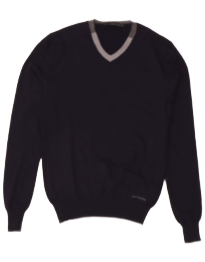 CALVIN KLEIN JEANS Mens V-Neck Jumper Sweater Medium Navy Blue Wool