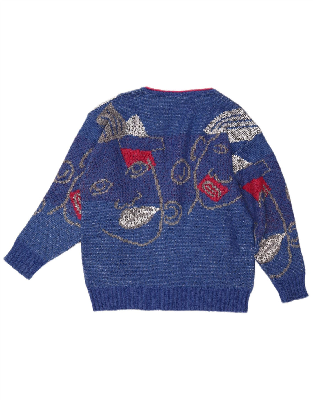 ВИНТАЖНЫЙ женский джемпер с V-образным вырезом и рисунком, Великобритания, 16, большой синий цвет