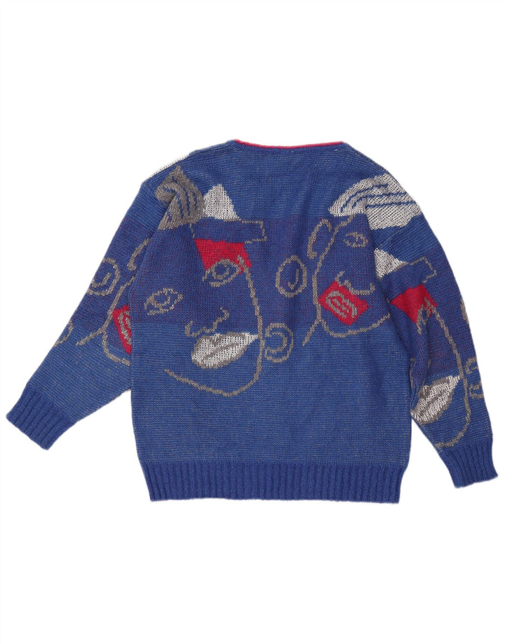 ВИНТАЖНЫЙ женский джемпер с V-образным вырезом и рисунком, Великобритания, 16, большой синий цвет