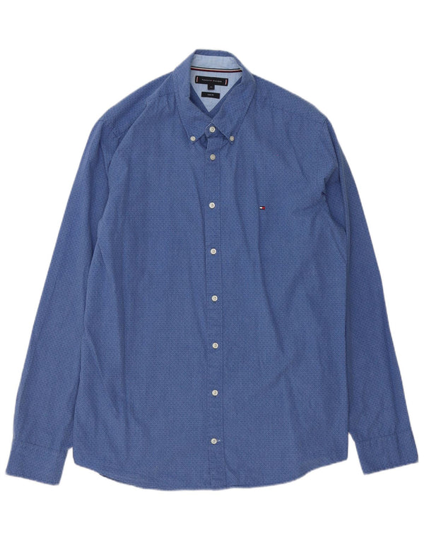 Мужская рубашка приталенного кроя Tommy Hilfiger XL, синяя хлопковая рубашка с геометрическим рисунком