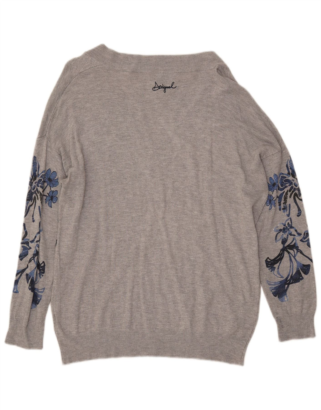 Женский джемпер с V-образным вырезом и рисунком DESIGUAL UK 14, средний серый цвет с цветочным принтом