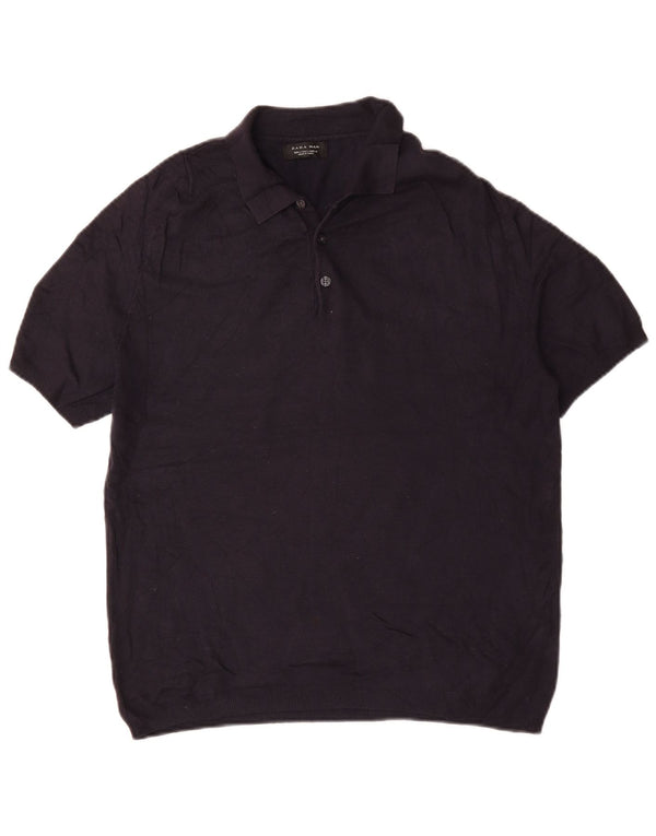 Мужской джемпер с короткими рукавами и воротником-поло Zara, большой темно-синий