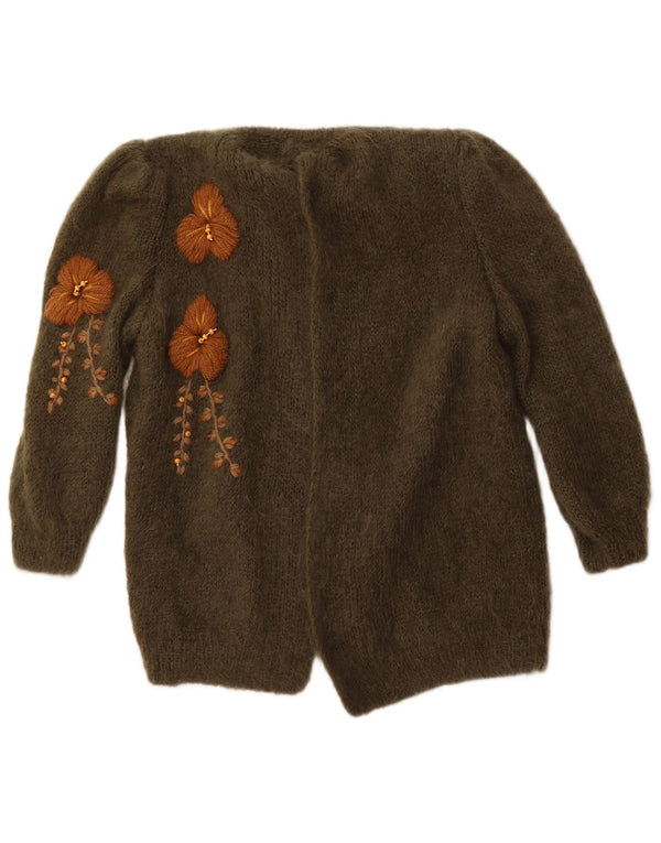 VINTAGE Womens Open Cardigan Sweater UK 14 Large Khaki Floral Mohair