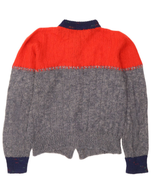 Винтажный женский свитер-кардиган со снежинками, Великобритания, 14, средний серый цвет с цветными блоками