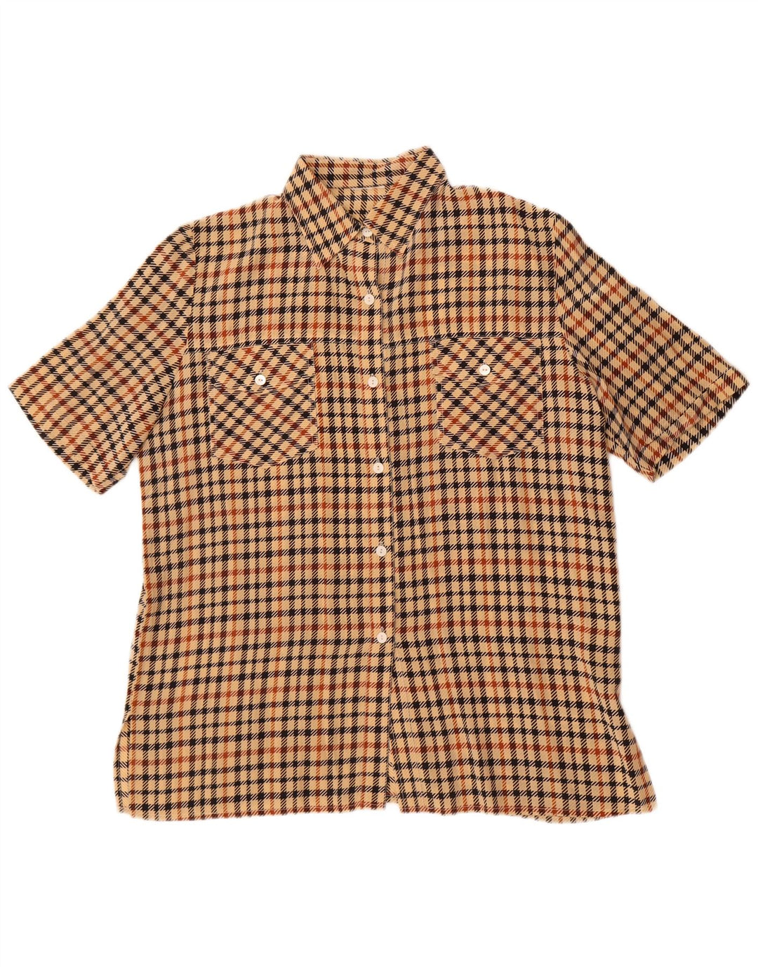 Винтажная женская рубашка с коротким рукавом UK 18 XL Коричневая шелковая с узором "гусиные лапки"