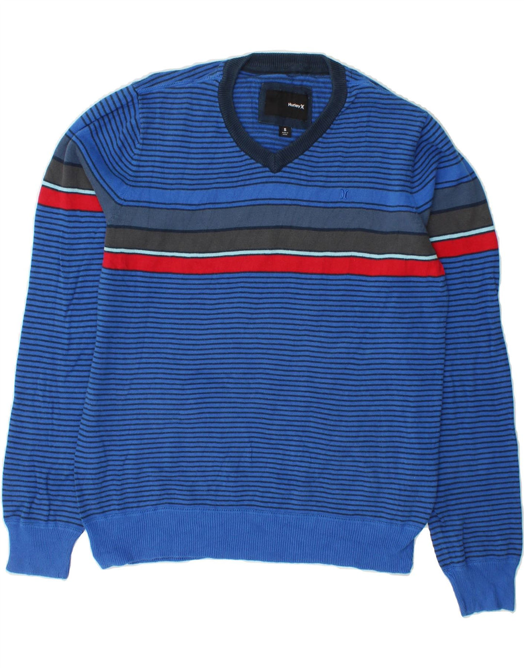 HURLEY Mens V-Neck Jumper Sweater Small Blue Striped Cotton Vintage Hurley and Second-Hand Hurley from Messina Hembry 