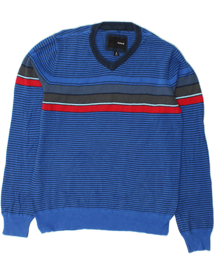 HURLEY Mens V-Neck Jumper Sweater Small Blue Striped Cotton Vintage Hurley and Second-Hand Hurley from Messina Hembry 