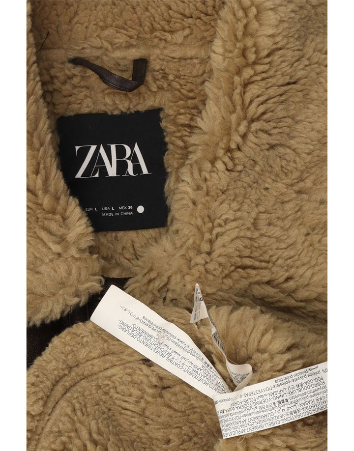 Женская куртка-авиатор из искусственной овчины Zara UK 16, большая коричневая
