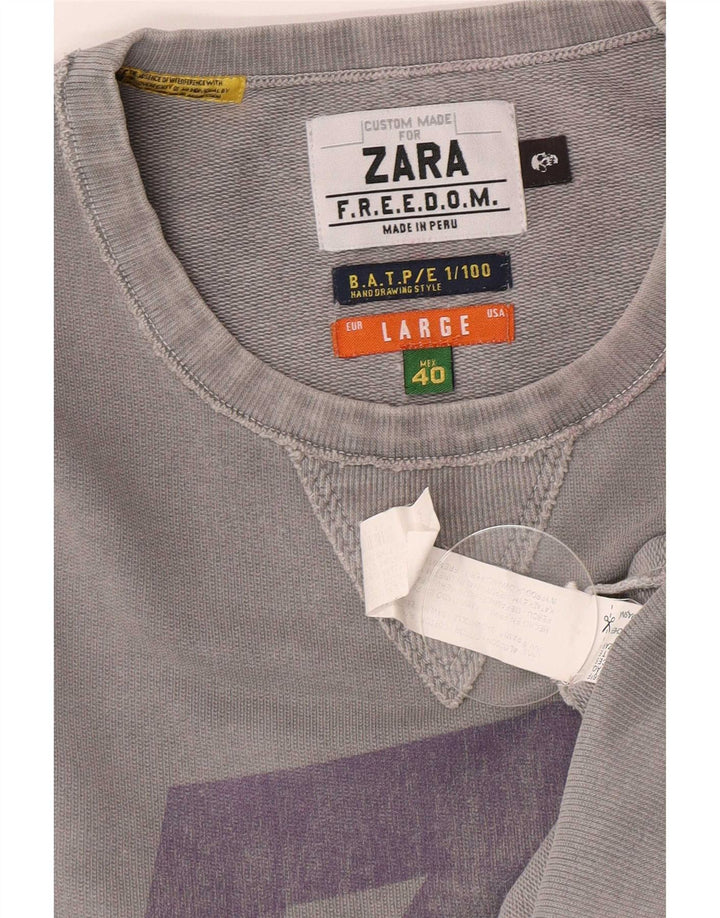 Мужской свитер с рисунком Zara, большой серый хлопковый джемпер