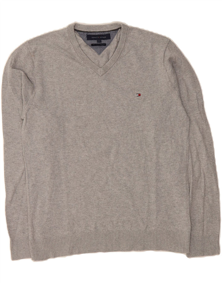 TOMMY HILFIGER Mens V-Neck Jumper Sweater Small Grey Cotton Vintage Tommy Hilfiger and Second-Hand Tommy Hilfiger from Messina Hembry 