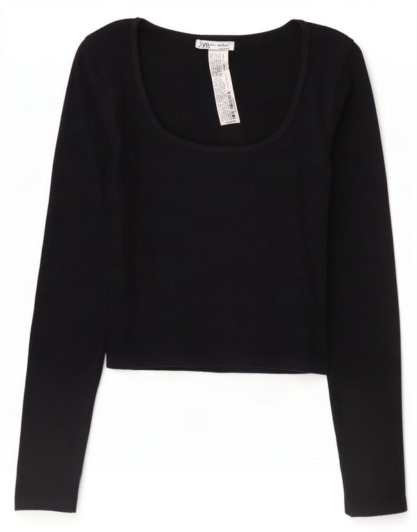 Женский укороченный топ Zara UK 12 с длинным рукавом, средний черный, полиамид