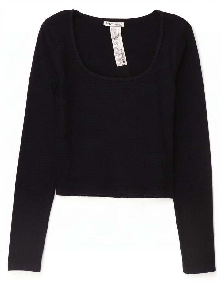 Женский укороченный топ Zara UK 12 с длинным рукавом, средний черный, полиамид