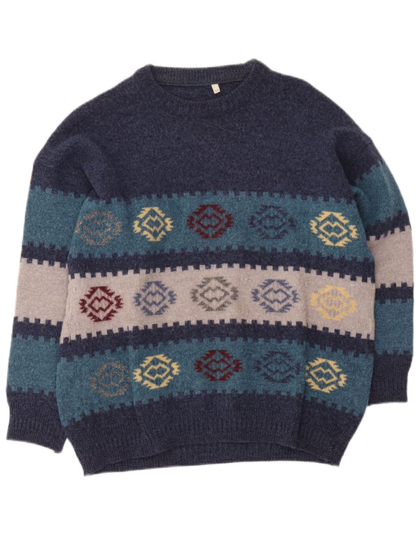 Vintage Mens Crew Neck Jumper Sweater IT 50 Medium Navy Blue Geometric