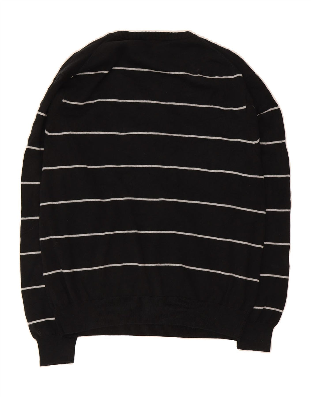 CHAPS Mens V-Neck Jumper Sweater XL Black Striped Cotton Vintage Chaps and Second-Hand Chaps from Messina Hembry 
