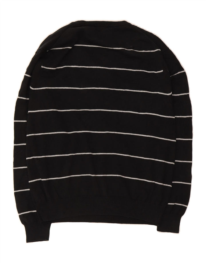 CHAPS Mens V-Neck Jumper Sweater XL Black Striped Cotton Vintage Chaps and Second-Hand Chaps from Messina Hembry 