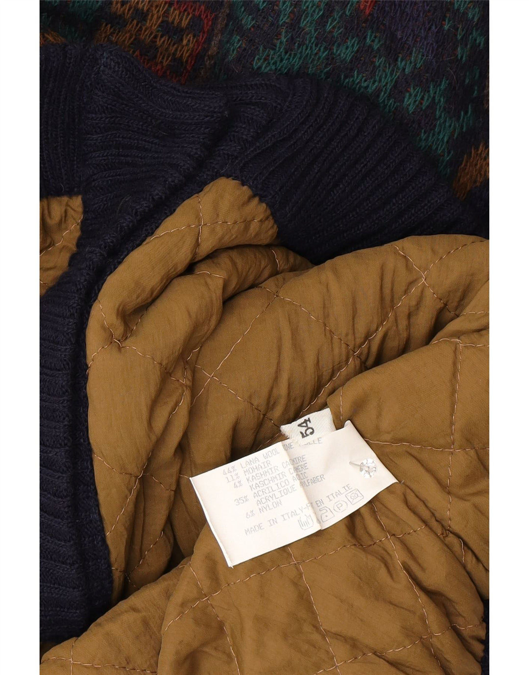 Винтажная мужская вязаная куртка-бомбер IT 54 2XL, разноцветная шерсть с геометрическим рисунком