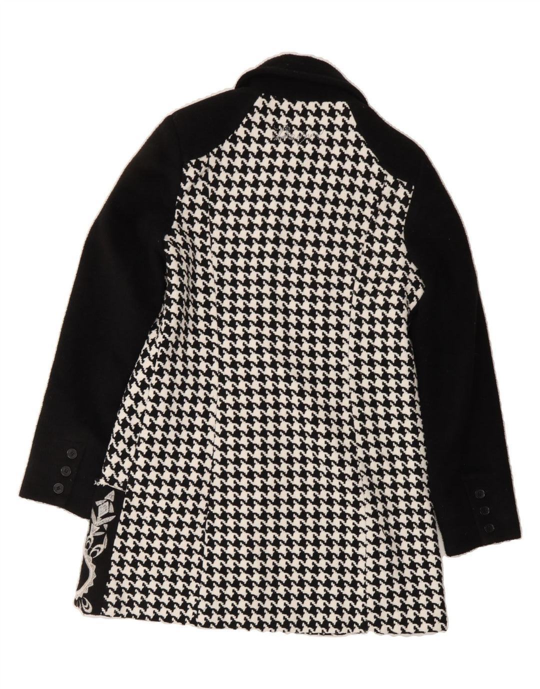 DESIGUAL Womens Graphic Overcoat EU 38 Medium Black Houndstooth Polyester Vintage Desigual and Second-Hand Desigual from Messina Hembry 