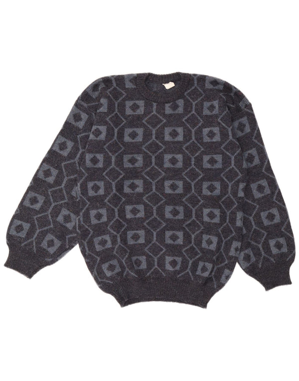 Винтажный мужской джемпер с круглым вырезом, средний серый акриловый свитер с геометрическим узором