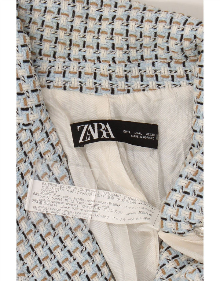 Женский двубортный пиджак Zara UK 14, большой синий хлопок в мелкую клетку