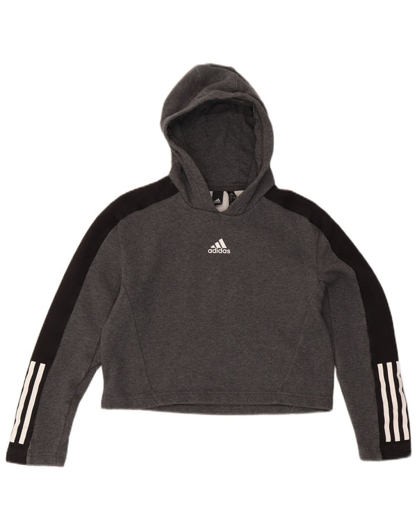 Adidas Girls Crop Hoodie Jumper 11-12 Years Grey Colourblock Cotton