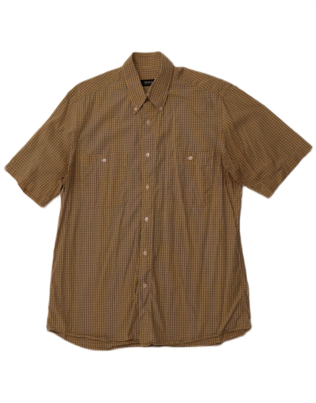 Мужская рубашка с коротким рукавом HUGO BOSS, размер 40, средний желтый клетчатый хлопок