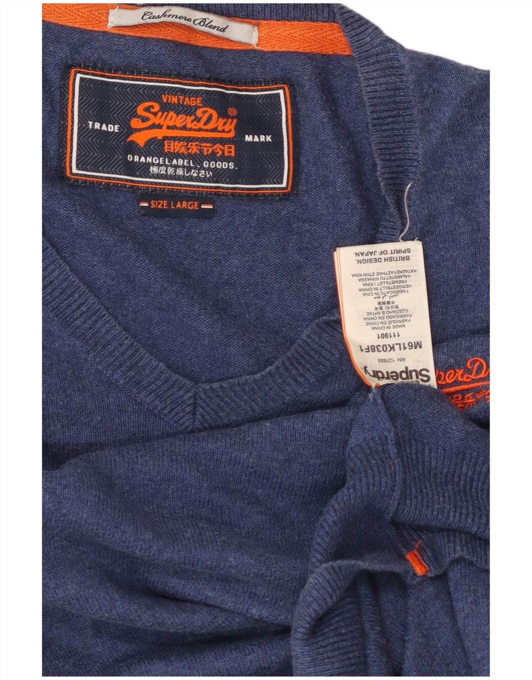 Мужской джемпер с v-образным вырезом Superdry, большой синий хлопковый свитер