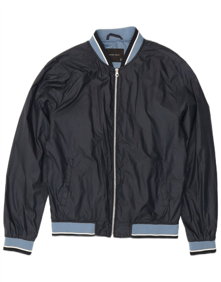 Мужская куртка-бомбер Zara UK 40, большая темно-синяя, полиэстер с цветными блоками